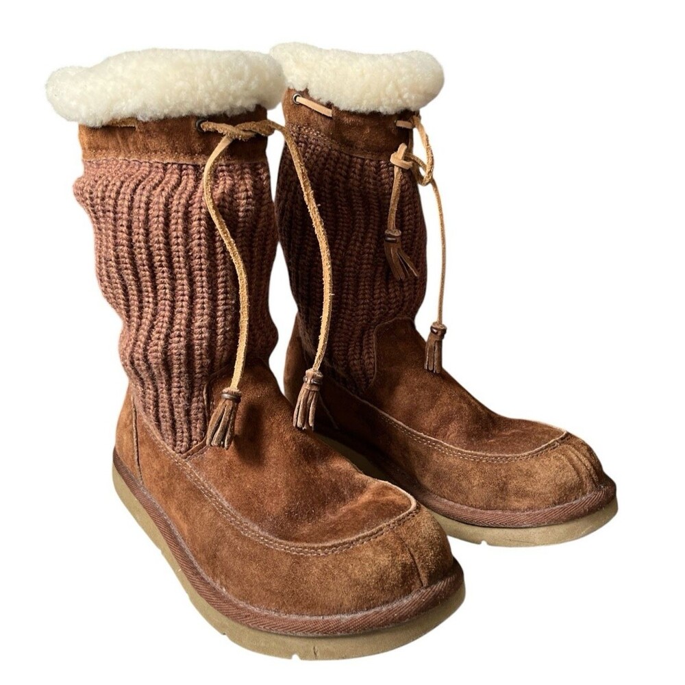 UGG Suburb Sweater Knit Suede Shearling Lined Boot Brown Tassels Cozy Size 8